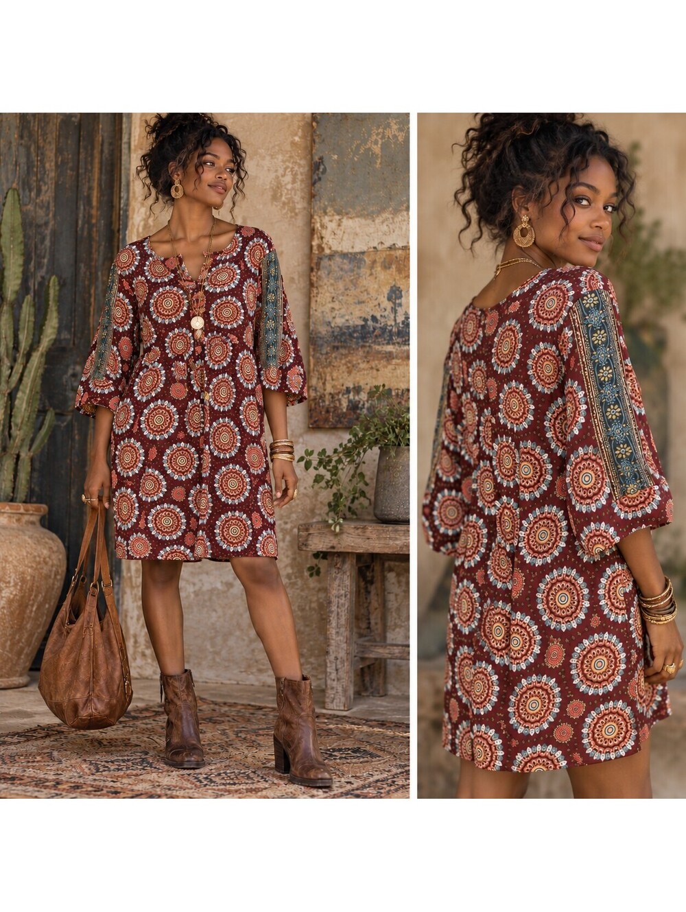 Uncle Frank Short Kaftan Dress Multicolor Scoop Pockets Exotic Inspired